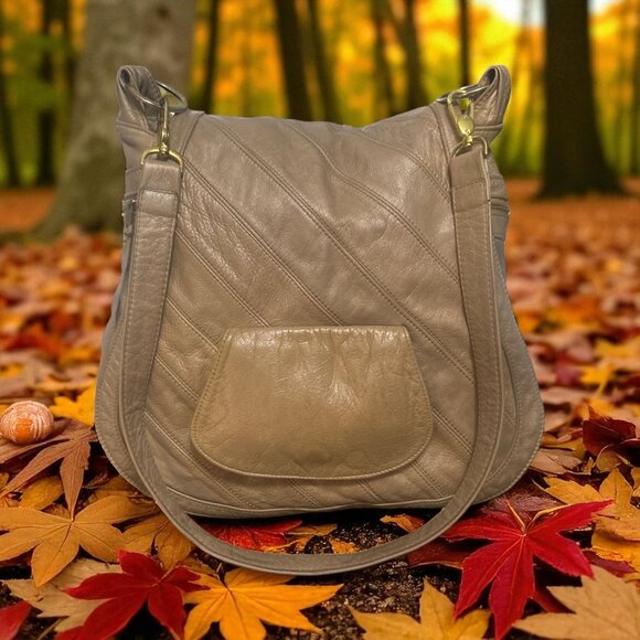 Anna Corinna Hobo Purse Beige Rustic Leather Large Flap Duffle Bag Boho 70s Vibe - Picture 1 of 9